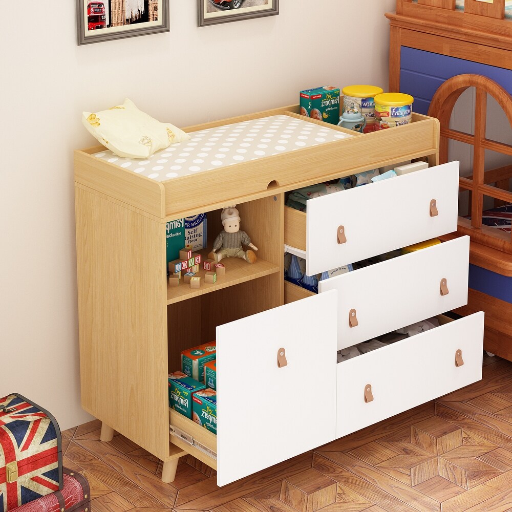 Baby Changing Table Dresser with 4 Drawers Shelf Hidden Trash Storage