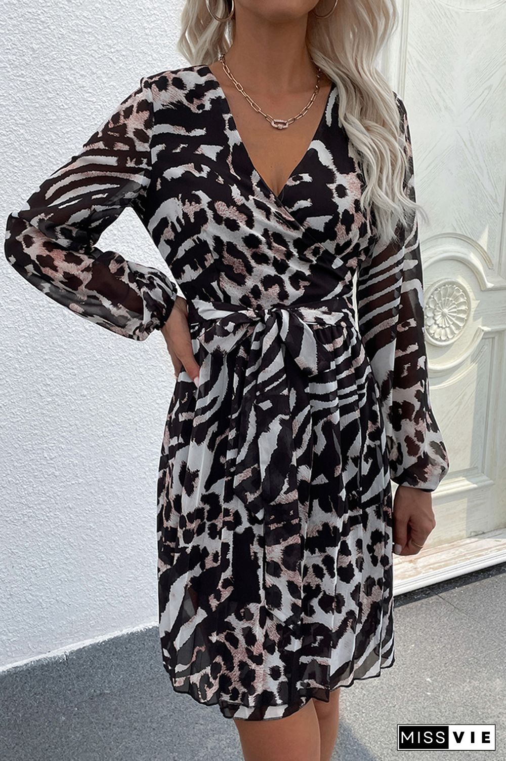 Leopard Print V-neck Long Sleeve Dress Wholesale