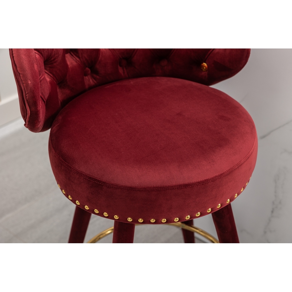 Counter Height Bar Stools Set of 2 Velvet Lounge Barstools Kitchen Armless Bar Stool w/ Tufted Back   Footrest Chair  Claret Red