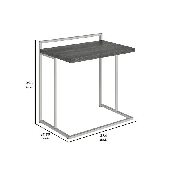 Dey 27 Inch C Shape Side End Table， Weathered Gray Top， Satin Nickel Metal