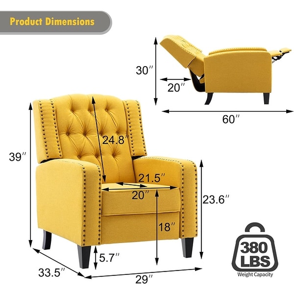 Vicluke Mid Century Modern Tufted Push Back Recliner with Modern Legs， Yellow - 74.8