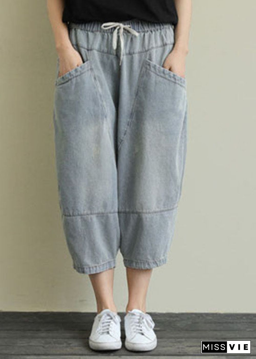 French Light Blue pockets elastic waist Cotton denim Pants Spring