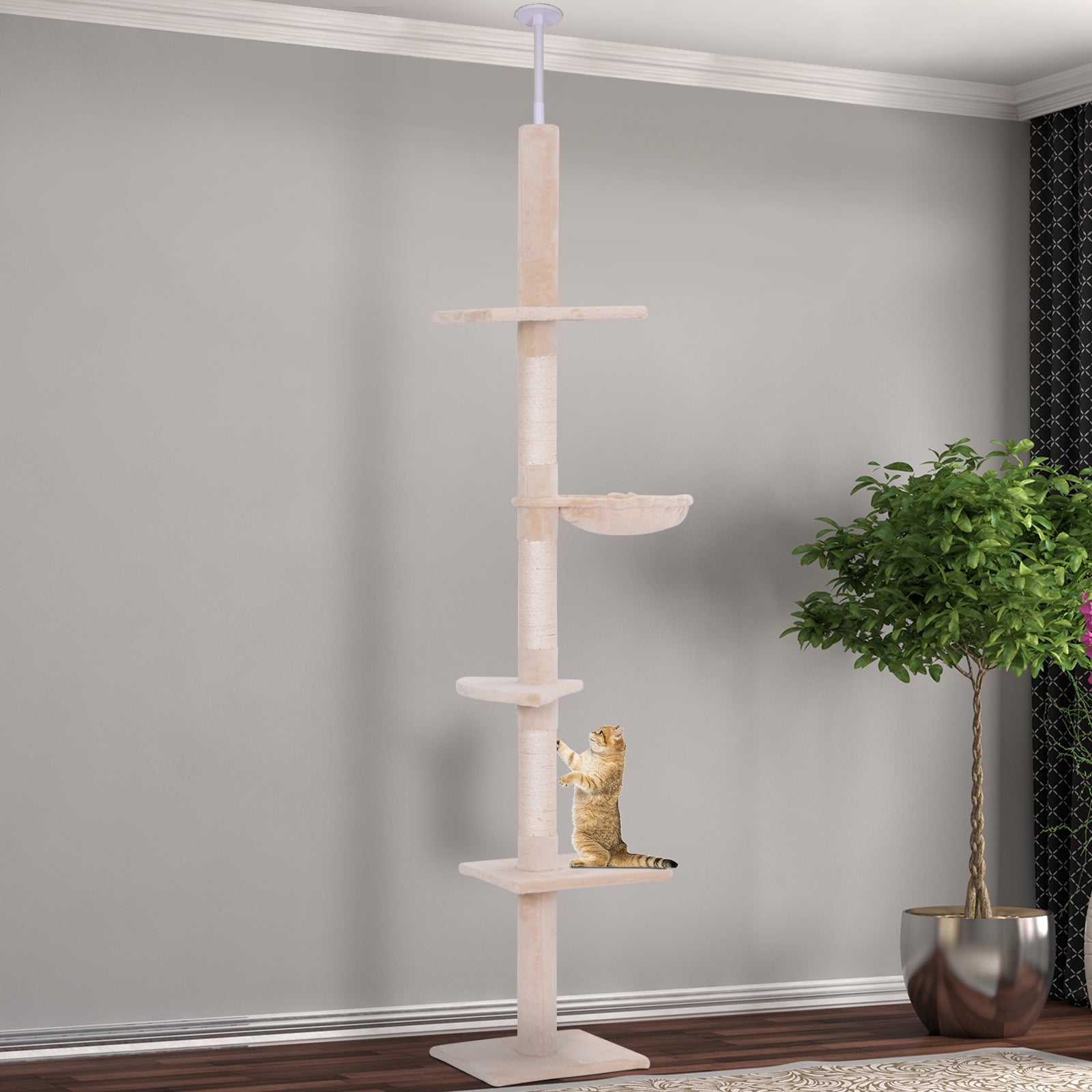 PawHut 8.5' Adjustable Floor-To-Ceiling Cat Tree w/ 5 Carpet Platforms, Beige