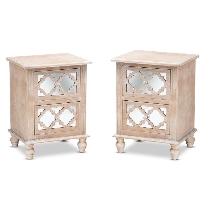 Home Square Mirror 2-Drawer Quatrefoil Nightstand Set in White-Washed (Set of 2)