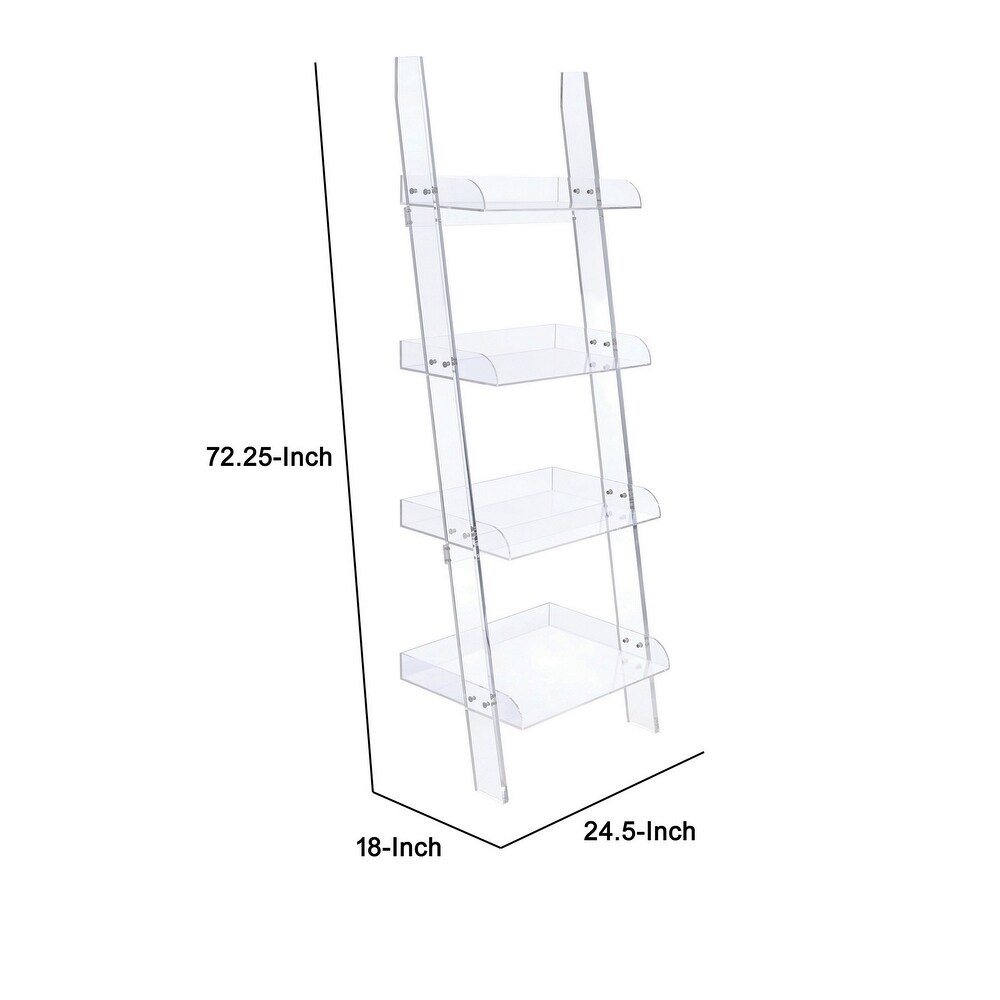 72 Inch Modern Ladder Bookcase  4 Shelves  3 Tray Edges  Clear Acrylic