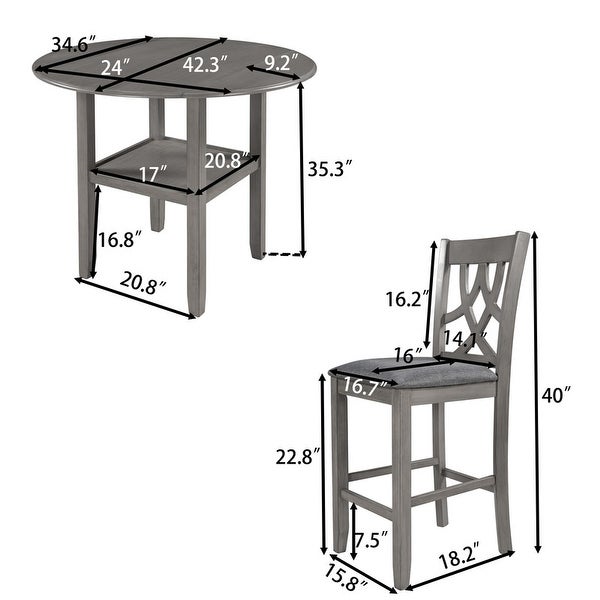 Farmhouse 3 piece round kitchen table set， counter height table set 2 with leaf table， a storage rack and 2 upholstered chairs