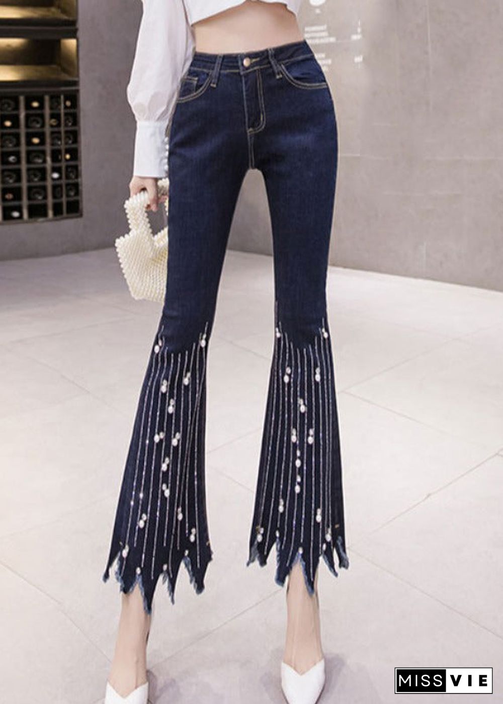 Women Blue High Waist Button Tassel Crop Jeans Spring