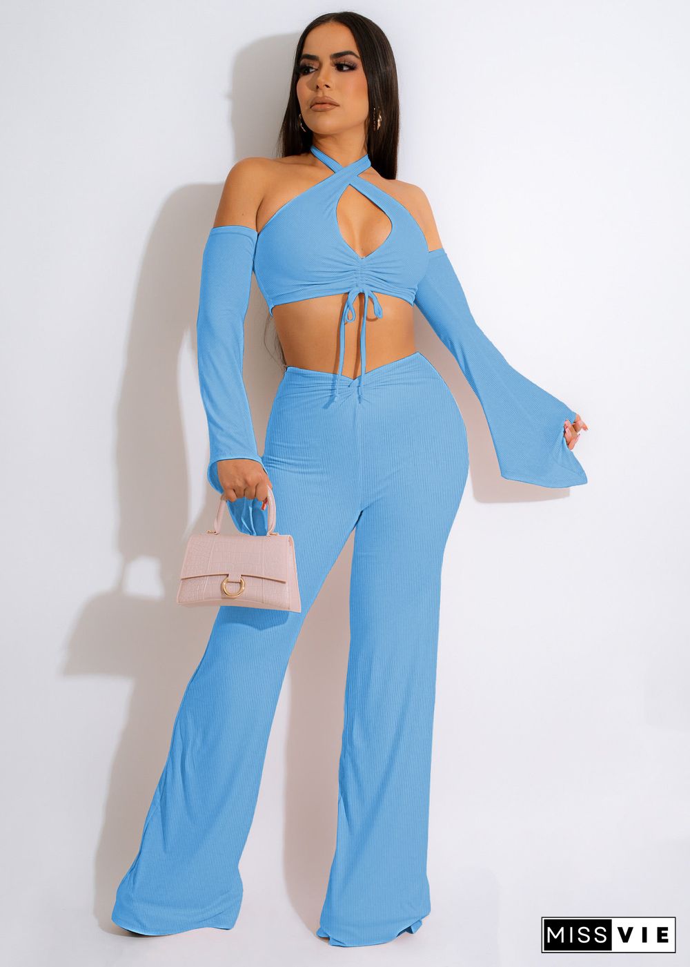 Ribbed Off Shoulder Halter Crop Top Wide Leg Pants Set