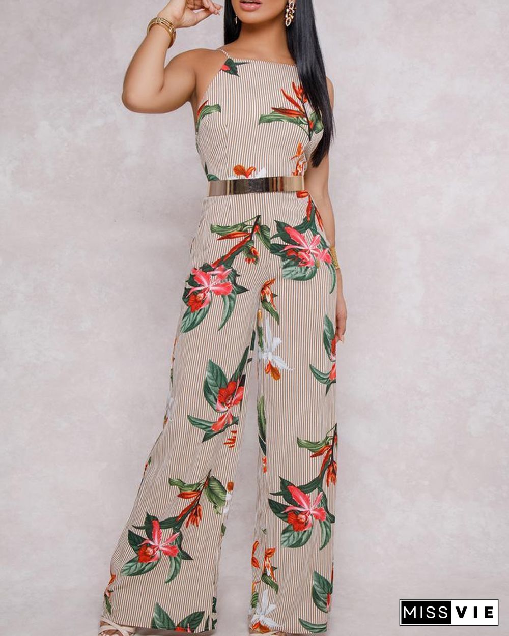 Floral Printed Halter Open Back Casual Wide Leg Jumpsuit P11967