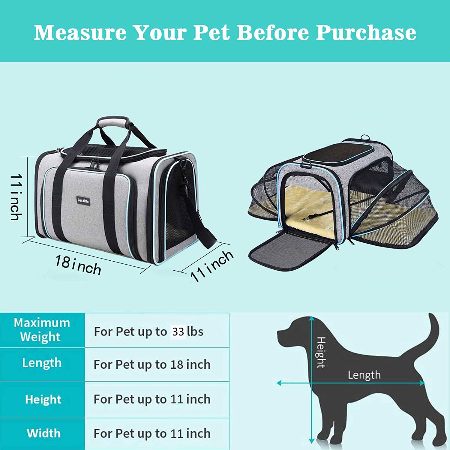 Cat Dog Carrier Airline Approved Expandable Soft-Sided Pet Carrier with Pockets and Removable Fleece Pad for Cats， Puppy and Small Animals