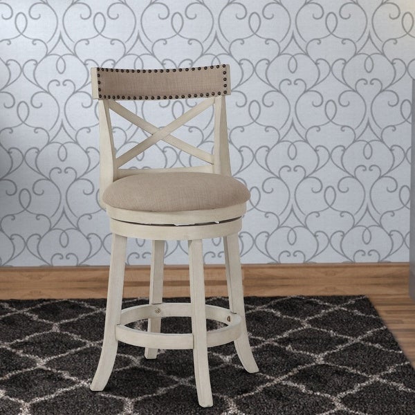 Curved X Shaped Back Swivel Counter Stool with Fabric Padded Seating， White - 38 H x 19 W x 18 L Inches