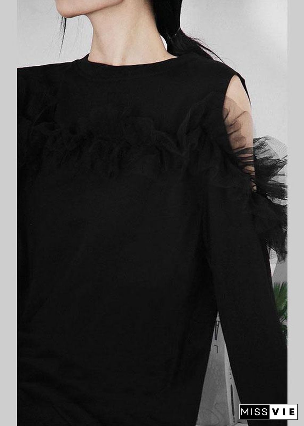 Boho Black Patchwork Tulle Cold Shoulder Long sleeve Pullover Sweatshirt