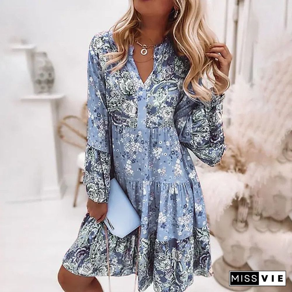 Back To School Outfits   Women Vintage Floral Dress Spring Fashion Flare Sleeve Loose V-Neck Ruffle Mini Dresses Lady Elegant Party Beach Dress Vestidos