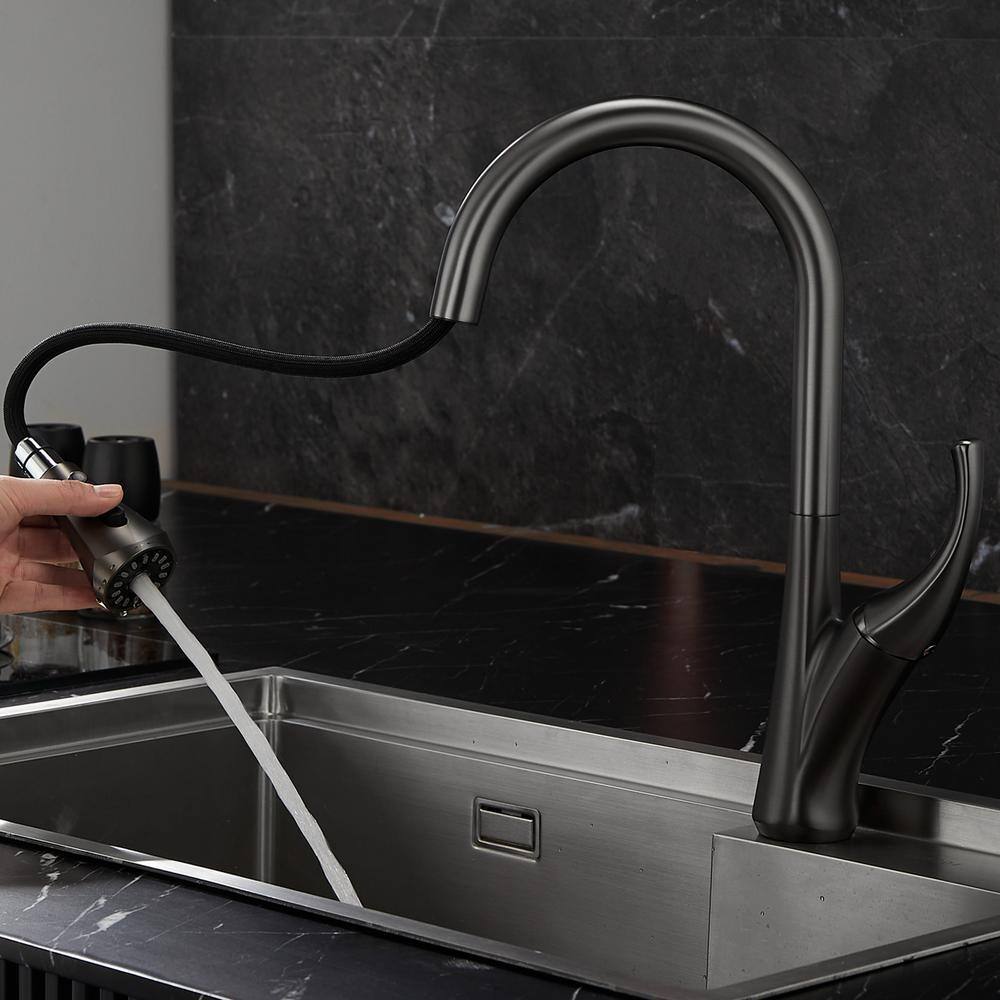 Kastner Single-Handle Deck Mount Pull-Out Sprayer Kitchen Faucet with Supply Lines in Metal Gray TKS400GR