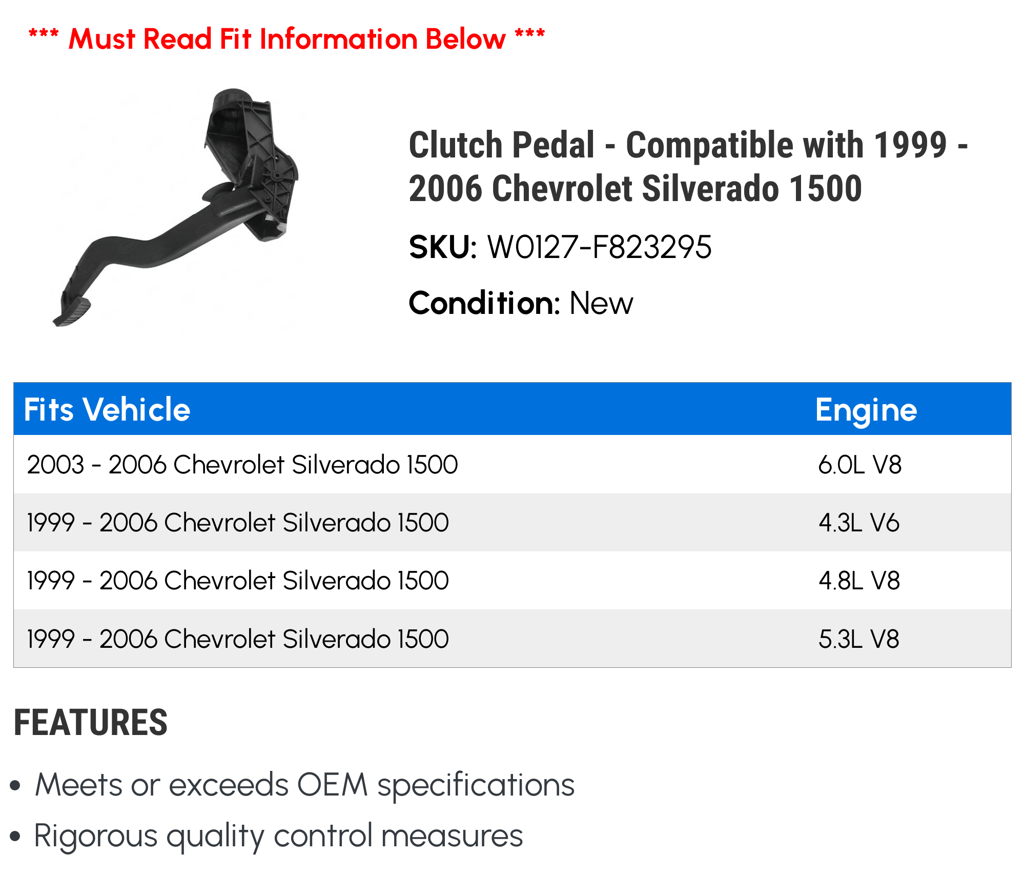 Clutch Pedal - Compatible with 1999 - 2006 Chevy Silverado 1500 2000 2001 2002 2003 2004 2005