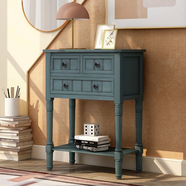 Narrow Console Table with 3 Storage Drawers and Black Round Deco Knobs， Slim Sofa Table with Bottom Shelf， Navy