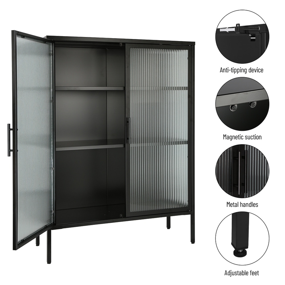 48 Inch Double Glass Door Storage Cabinet  Sideboard Cabinet with Adjustable Shelves and Feet Cold Rolled Steel Tempered