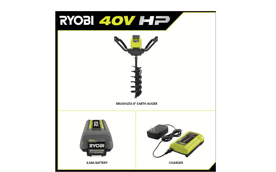 RYOBI RY40710VNM 40V HP Brushless Cordless Earth Auger with 8 in. Bit with 4.0 Ah Battery and Charger