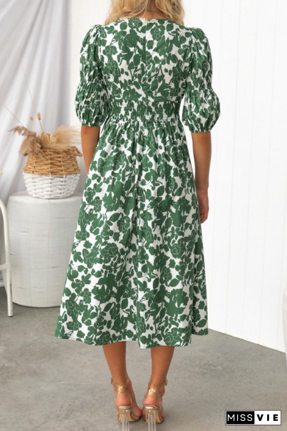 Green Button Down V Neck High Waist Floral Dress