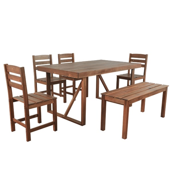 6Piece Patio Outdoor Acacia Wood Table and Chair Set With Bench