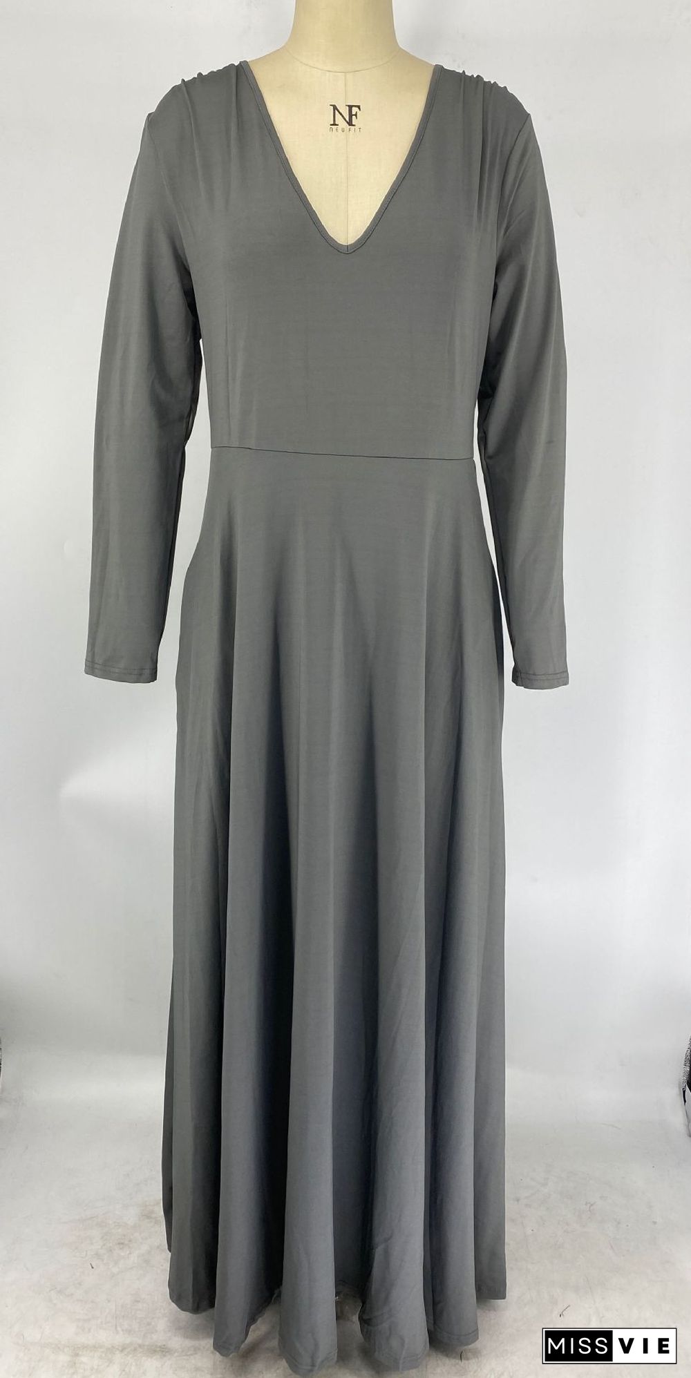 V Neck Long Sleeve Big Hem Plus Size Dress