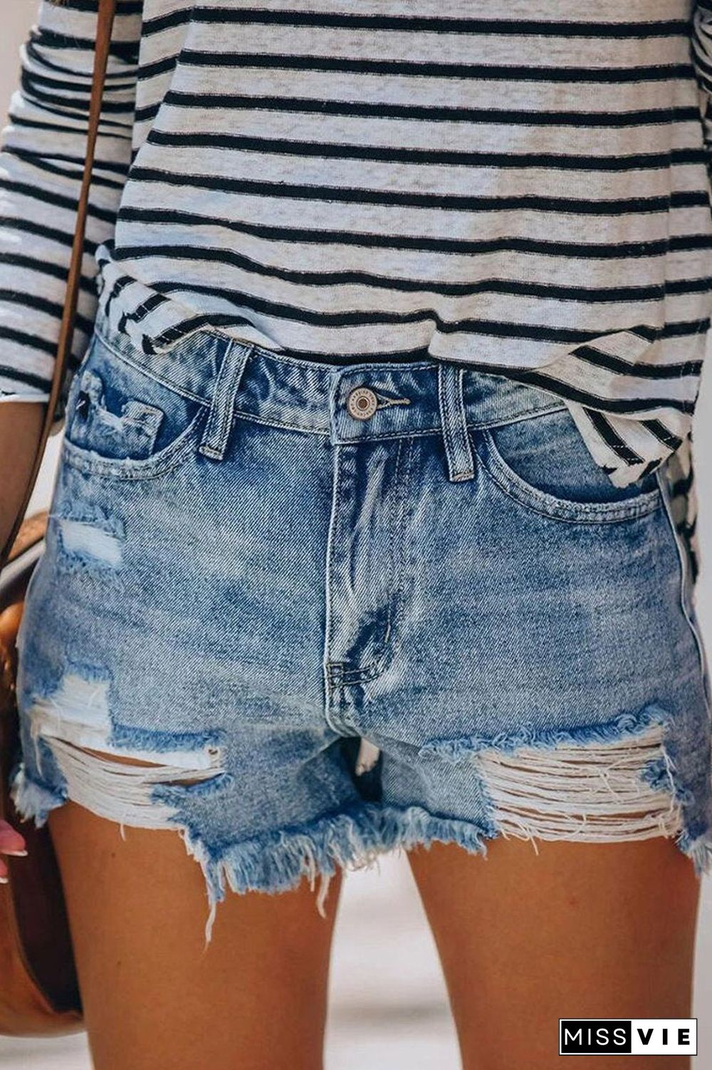 Hole Fringed Denim Casual Shorts