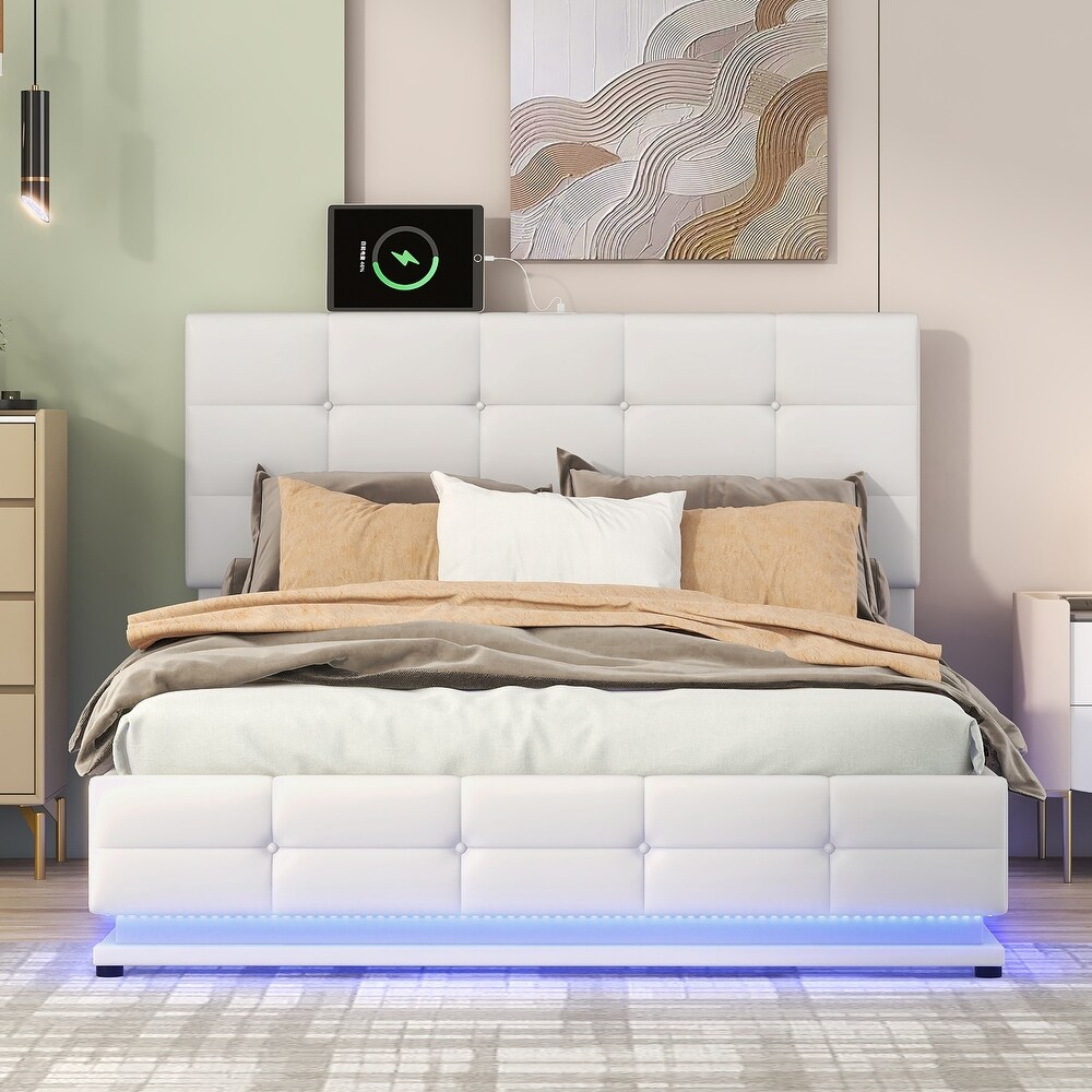 Modern Upholstered Storage Bed with LED Lights and USB charger