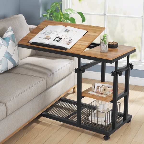 Height Adjustable C Table， Sofa Side Tables， Mobile End Table with Storage Shelves