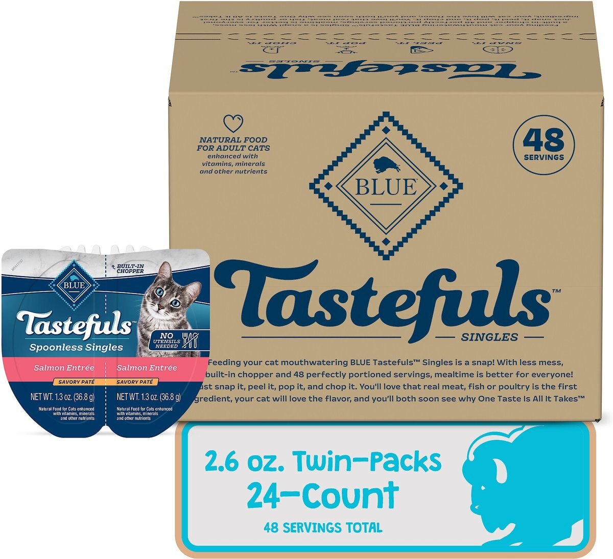 Blue Buffalo Tastefuls Spoonless Singles Salmon Entrée Pate Adult Cat Food， 2.6-oz cup， case of 24