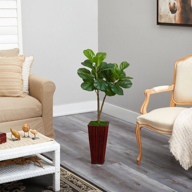 Nearly Natural 39 in Fiddle Leaf Fig Artificial Tree In Bamboo Planter