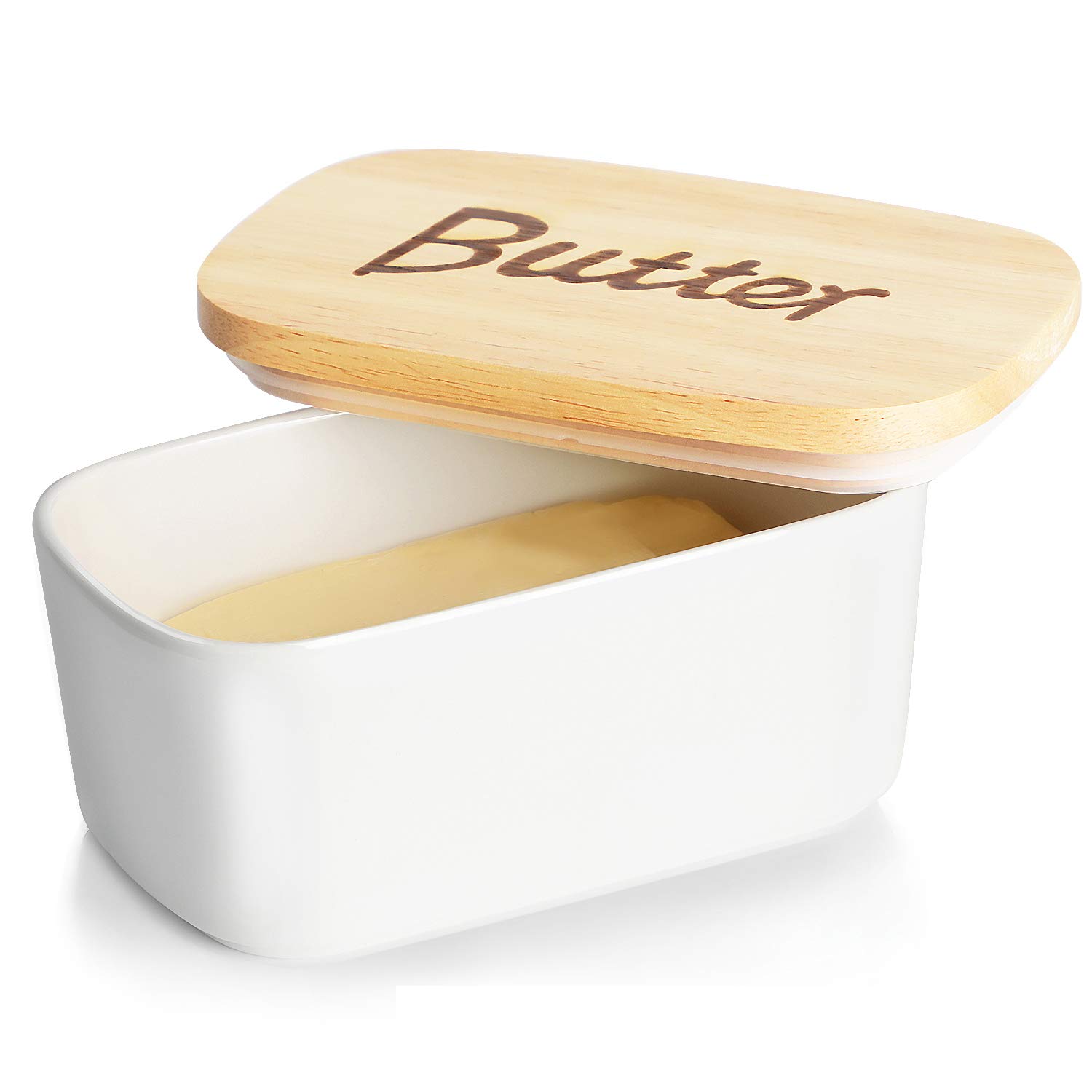 Butter Dish with Wooden Lid- Large Ceramics Covered Butter Holder for Countertop， Butter Keeper Container Perfect for Holds 2X 4oz West/East Coast Butter， White