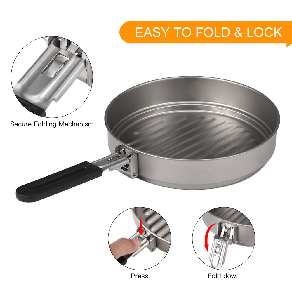 Lixada 1100ml Titanium Fry Pan Ultralight Grill Frying Pan with Folding Handle for Outdoor Cooking Camping Hiking Backpacking