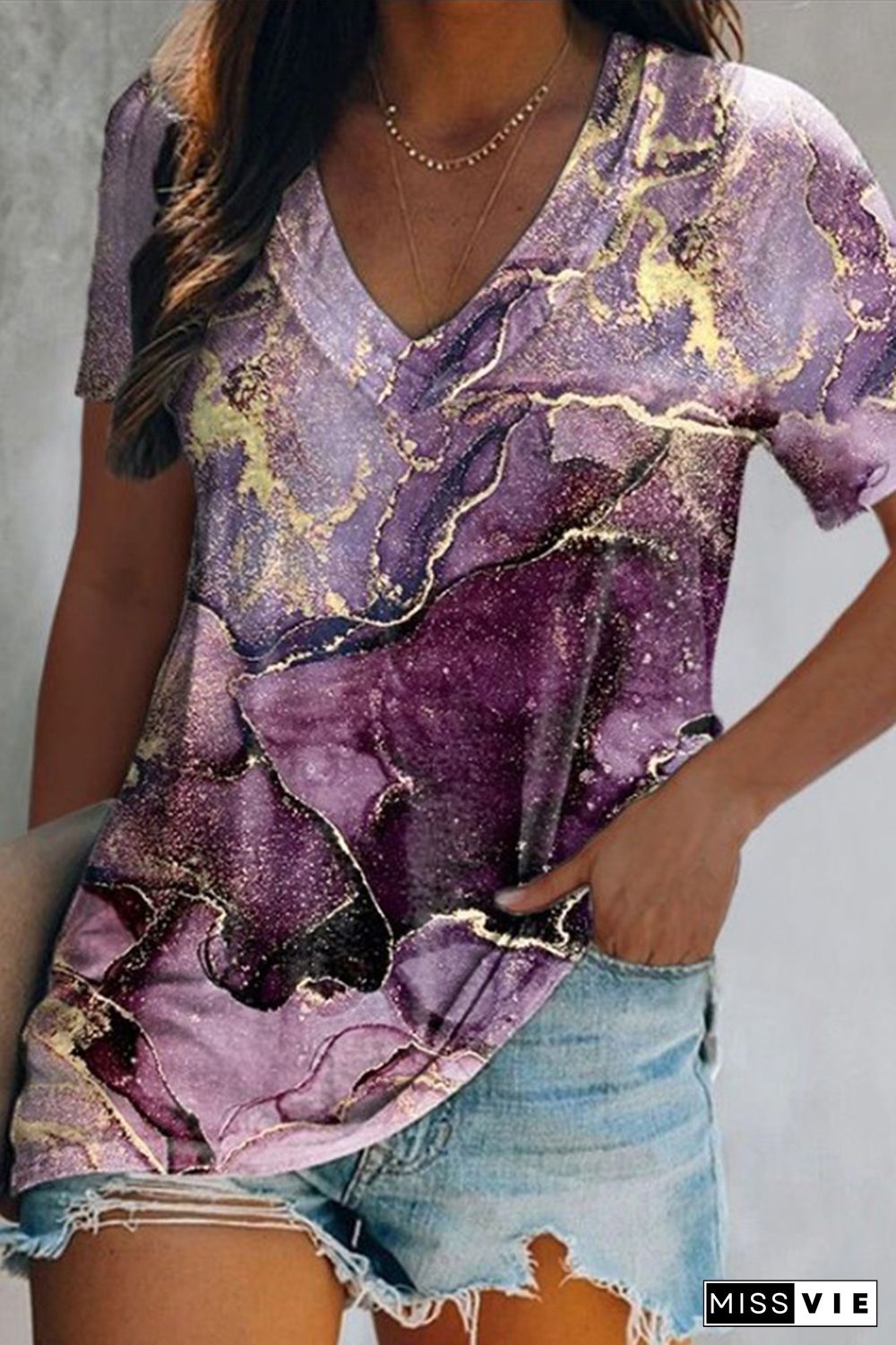 Marble Print V Neck T-Shirt