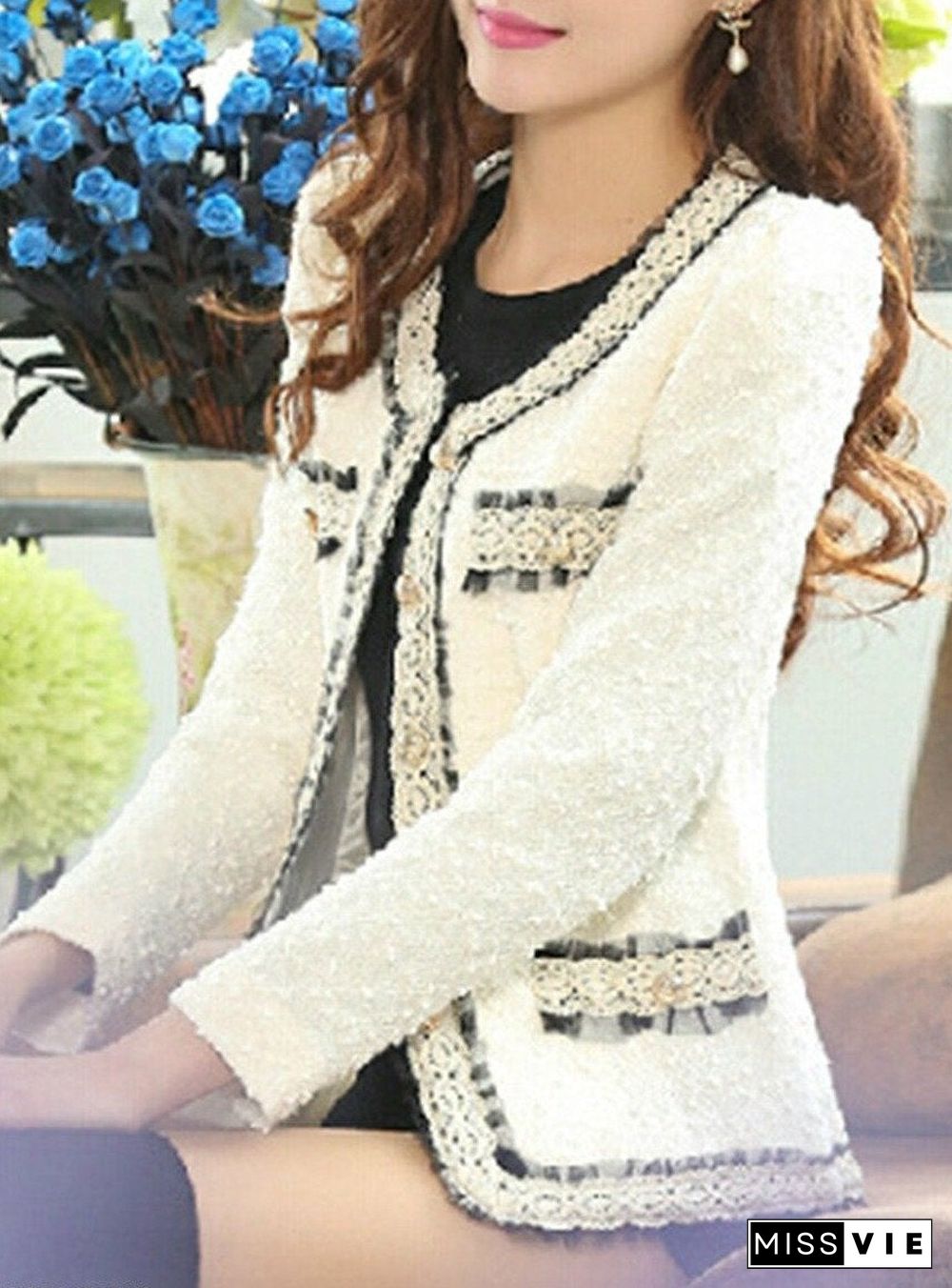 Collarless Contrast Trim Decorative Lace Single Breasted Plain Blazers