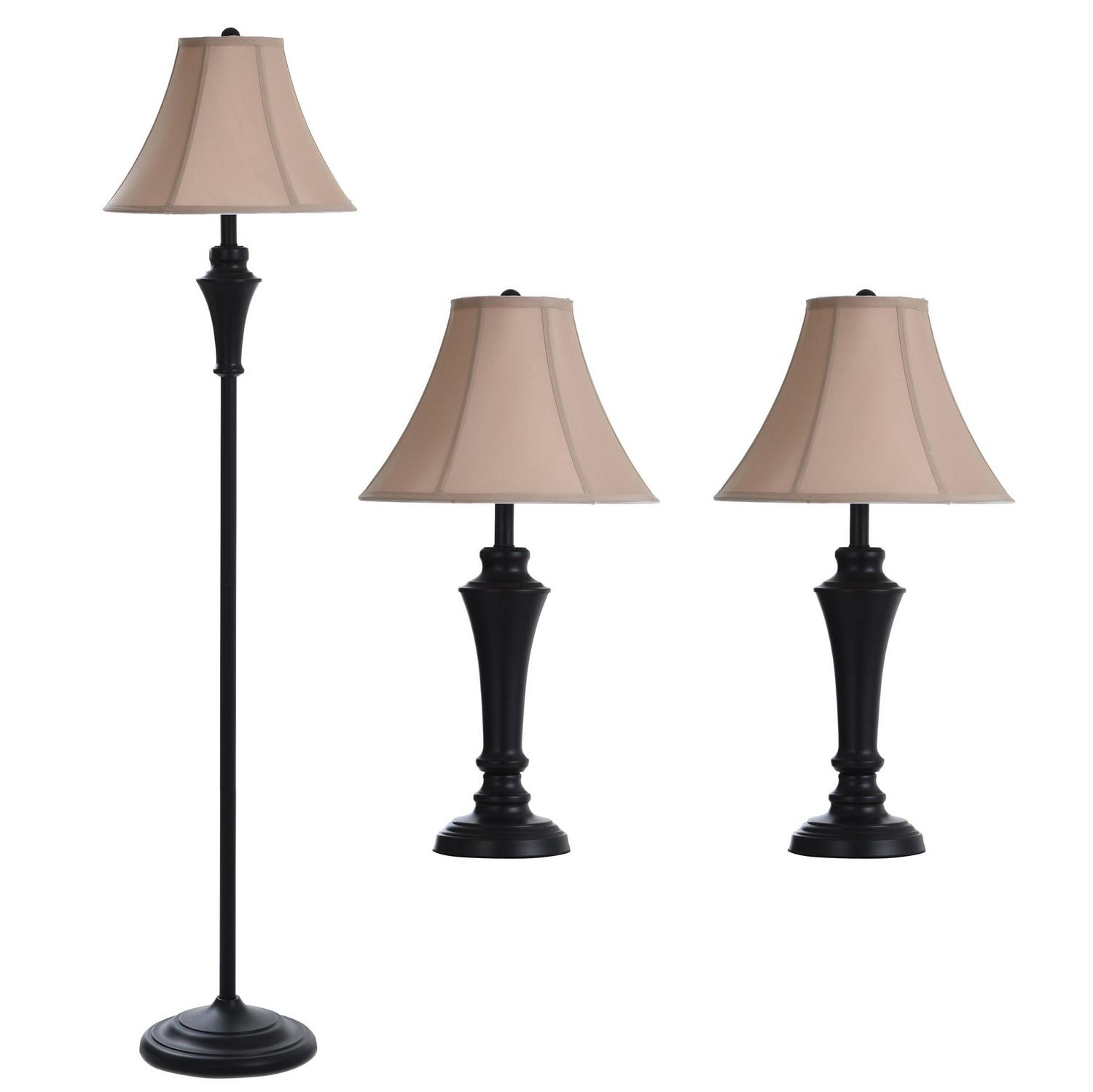 Floor Lamp/Table Lamp  Bronze Wood Finish  Geneva Taupe Fabric Shade  Set Of 3: 2 Table， 1 Floor