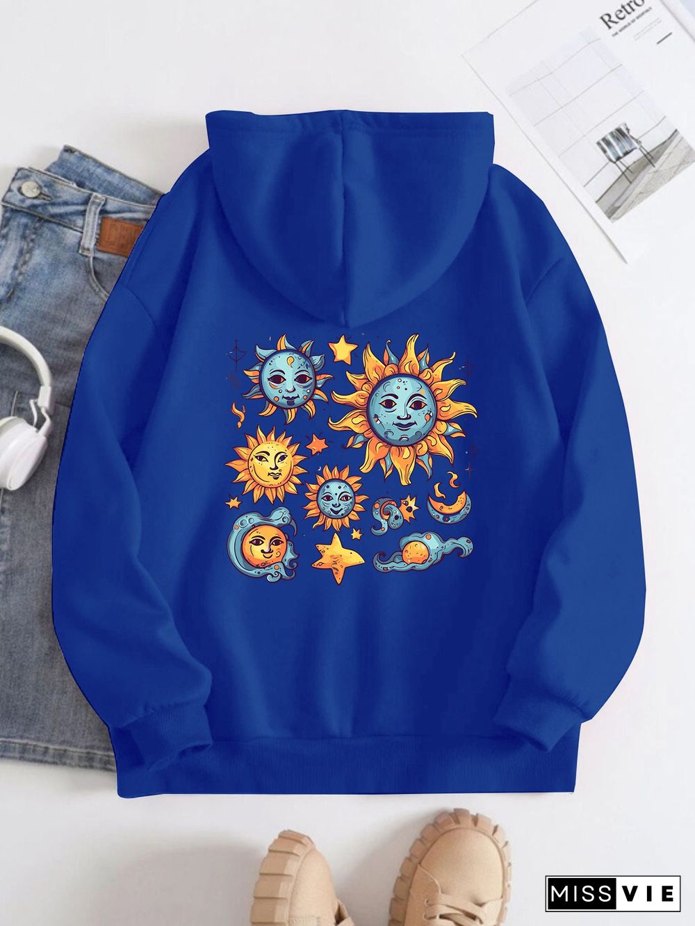 Printed on the Back Kangaroo Pocket Hoodie Long Sleeve for Women Pattern Sun and Moon Painting