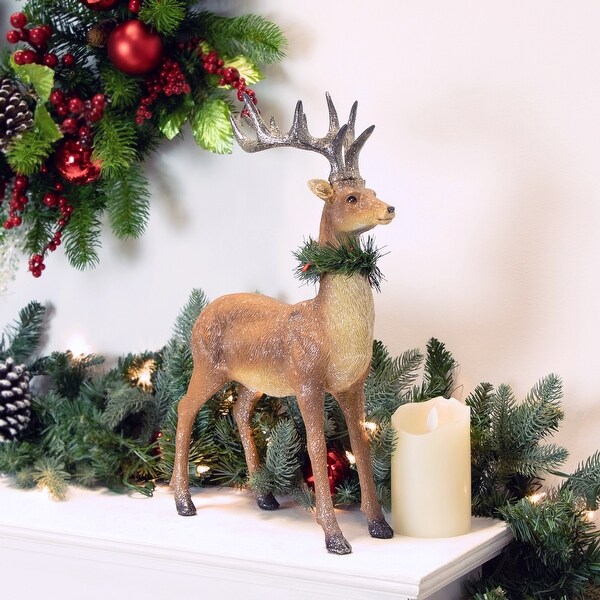 Standing Glittered Reindeer with Pine Neck Wreath Christmas Decoration