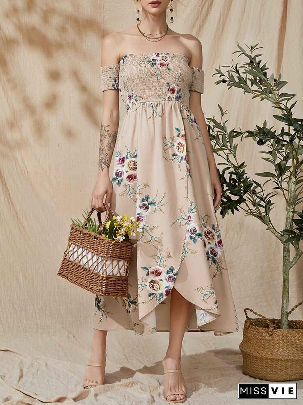 Flower Print Short Sleeve Asymmetrical Hem Maxi Dress