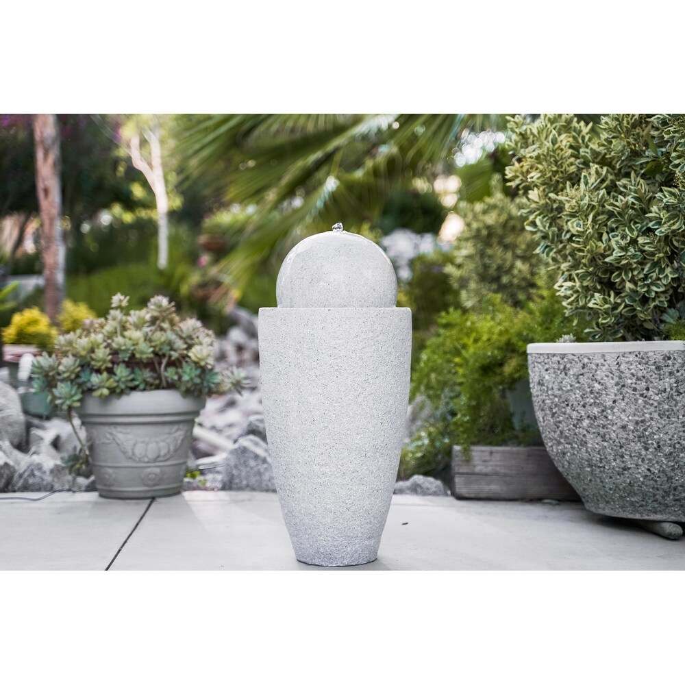 XBrand Modern Stone Textured Round Sphere Water Fountain  LED Lights  25.6 Inch Tall  Grey