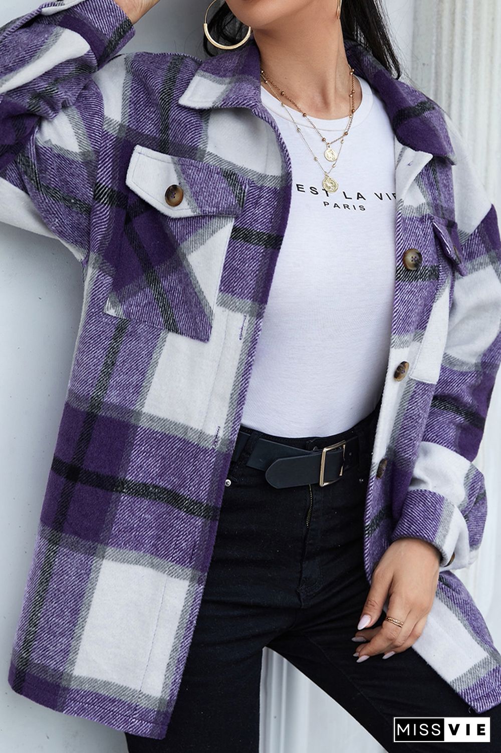 Geometric Plaid Pocketed Buttons Jackets