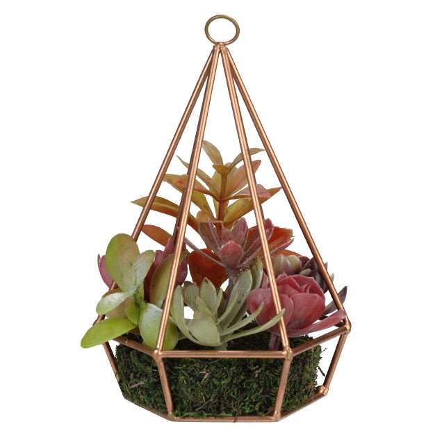 Succulent Artificial Arrangement In Copper Wire Terrarium Green brown