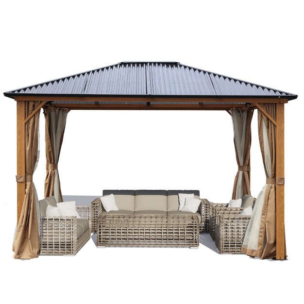 Aoodor Gazebo Polycarbonate Roof Wooden Print Aluminum Frame With Mosquito Netting And Curtain