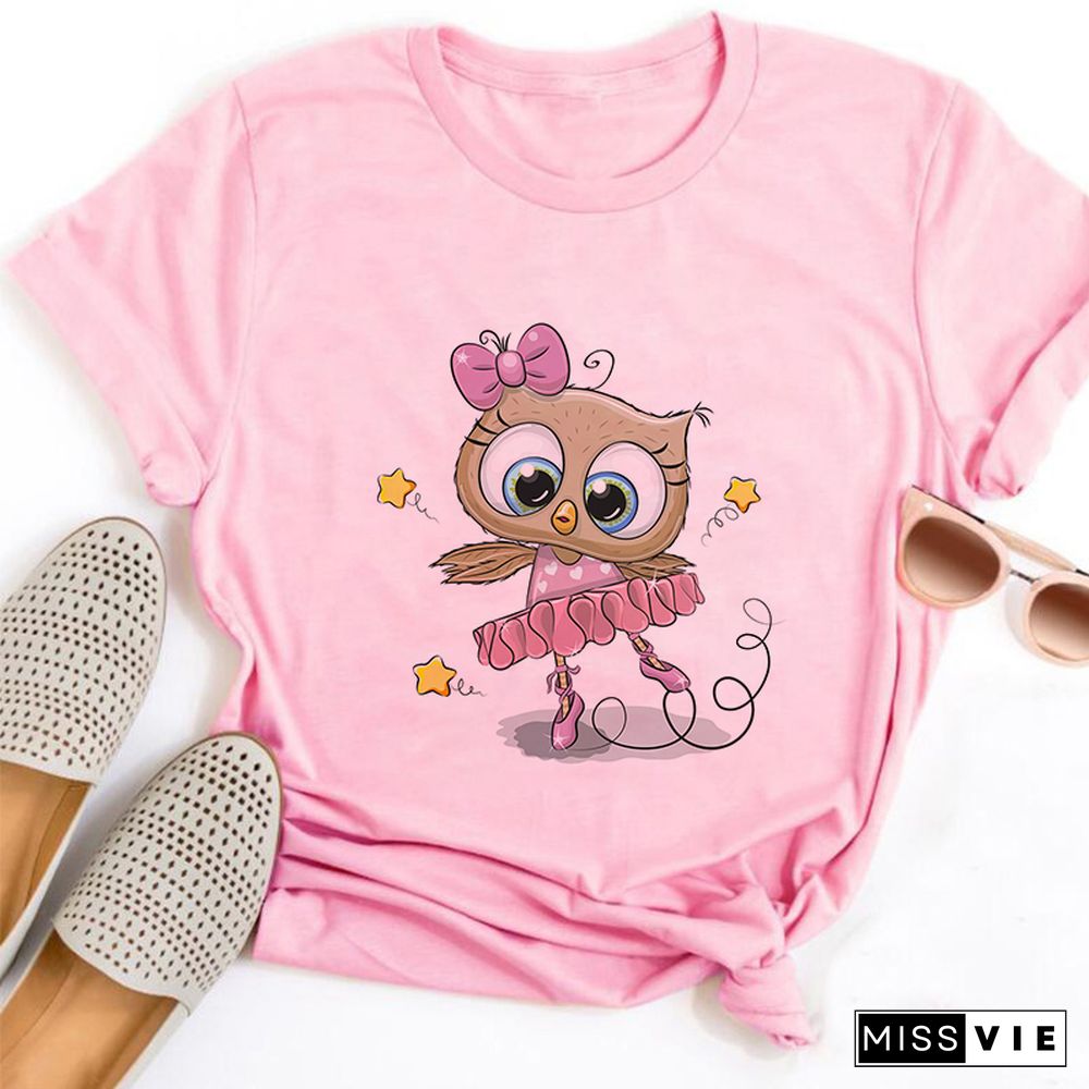 Gothic Women Cute Owl Printed T-Shirt All Seasons Fashion Thin Short Sleeve Tees Harajuku Casual Pink Top Female Clothing Tshirt