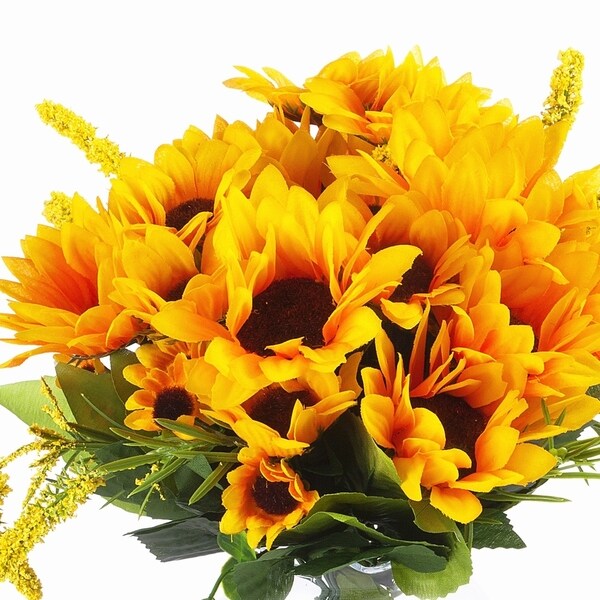 Enova Home Artificial Mixed Silk Sunflowers Fake Flowers Arrangement in Clear Glass Vase for Home Office Decoration