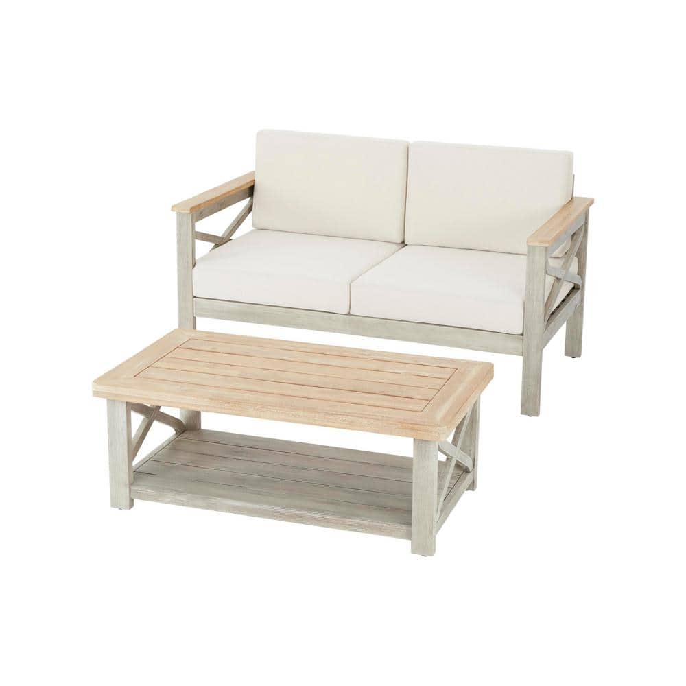 Hampton Bay Coral Crest Weathered Light Teak 4-Piece Wood Patio Conversation Set with Beige Cushions 81986