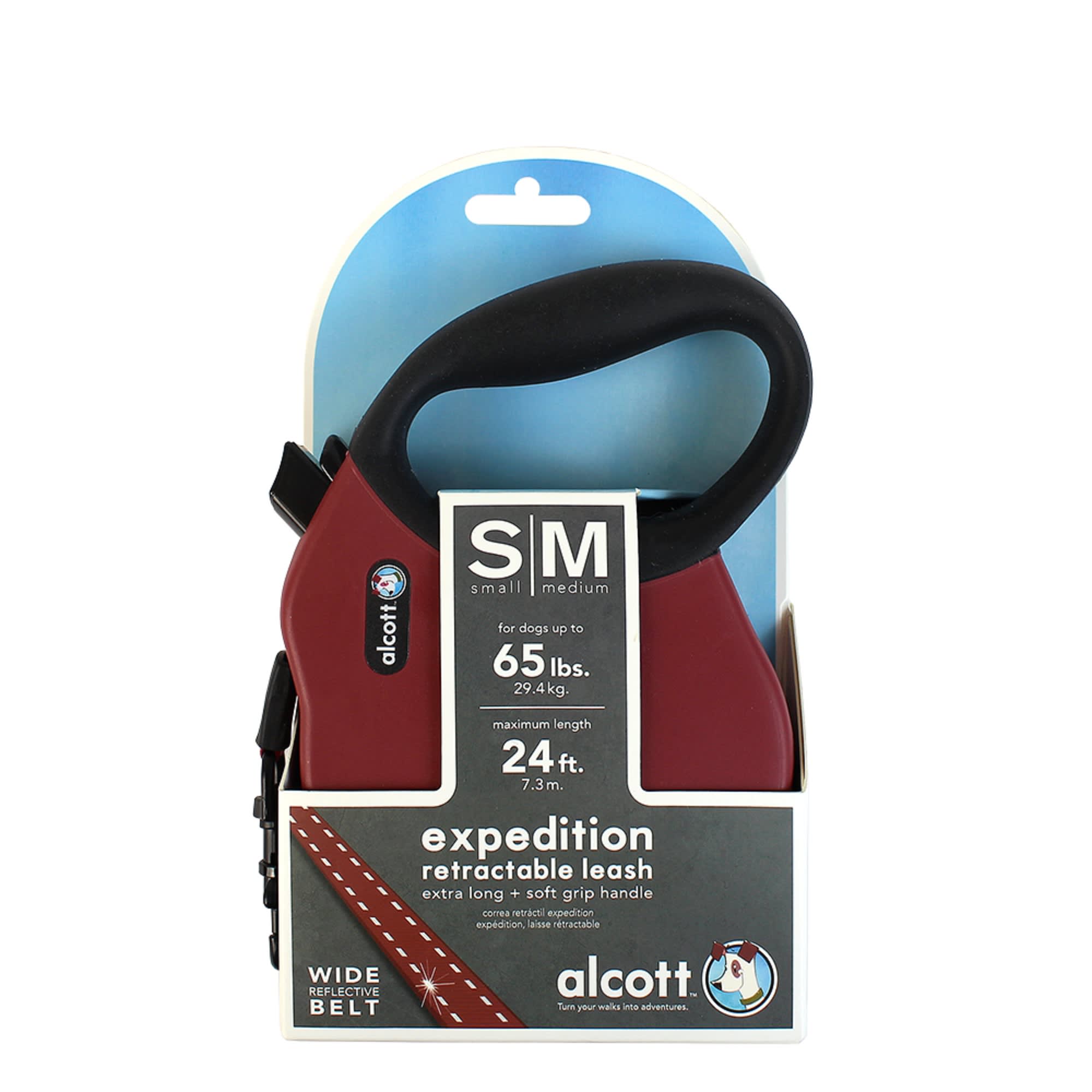 alcott Red Expedition Retractable Dog Leash for Dogs Up To 65 lbs.， 24 ft.