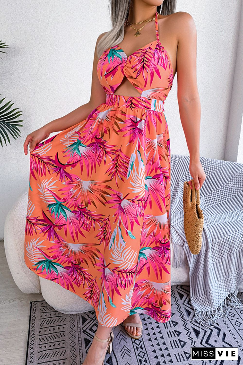 V Neck Hollow Out Backless Halter Floral Maxi Dress