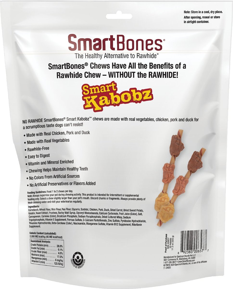 SmartBones Smart Kabobz Real Chicken， Pork and Duck Dog Treats