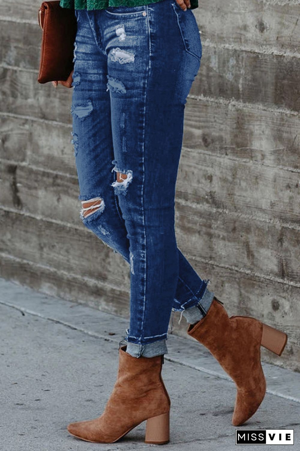 Dark Blue Ripped Washed Jeans