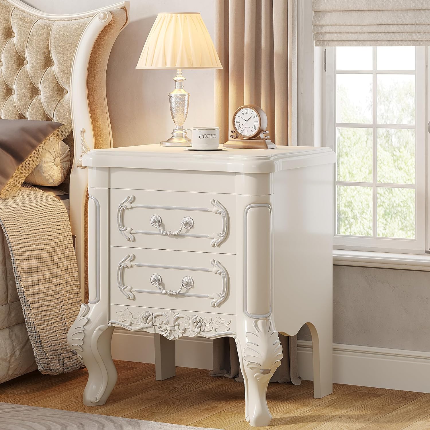 Carved Nightstand, White Bedside Table End Table with 2 Drawers